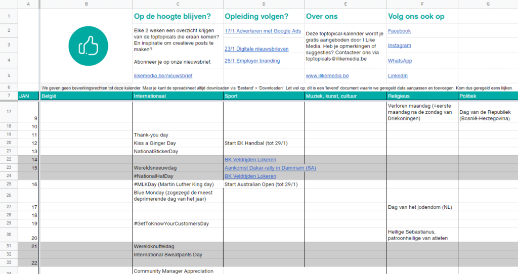 Spreadsheet met inhaakdata