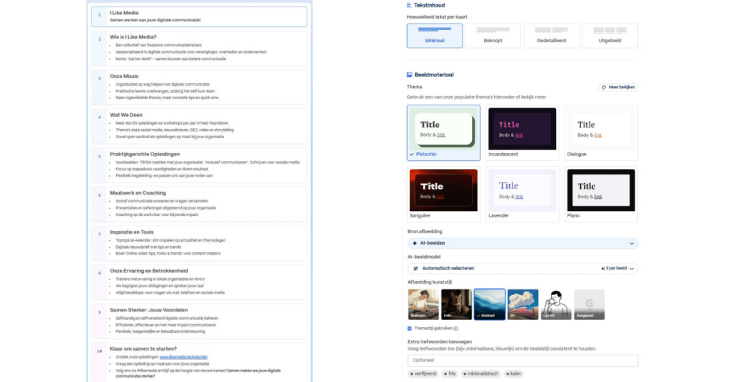 I Like Media - Blog_Gamma app 2 3 Screenshot van Gamma.app waarin een AI-gegenereerde presentatie wordt opgebouwd met responsieve kaarten en moderne lay-out op basis van een ingevoerde prompt.