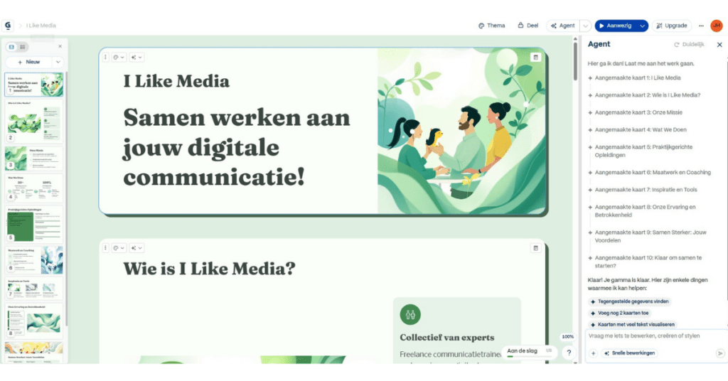 I Like Media - Blog_Gamma app 4 Screenshot van Gamma.app waarin een AI-gegenereerde presentatie wordt opgebouwd met responsieve kaarten en moderne lay-out op basis van een ingevoerde prompt.