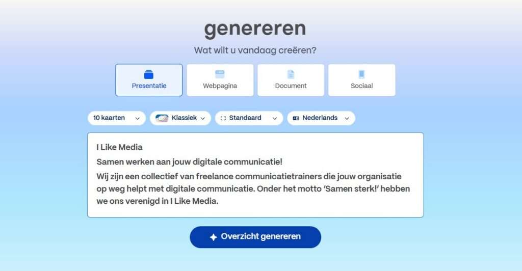 I Like Media_Blog Gamma Screenshot van Gamma.app waarin een AI-gegenereerde presentatie wordt opgebouwd met responsieve kaarten en moderne lay-out op basis van een ingevoerde prompt.